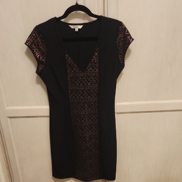 BB Dakota Copper Embellished Black Knit Dress‎ with Copper Embellished Sleeves - Picture 1 of 5